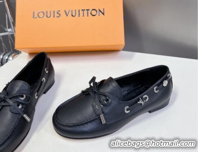 Top Design Louis Vuitton Soho Flat Boat Shoe in Calf Leather Black 1224045