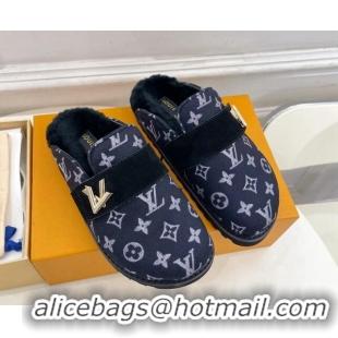 Good Quality Louis Vuitton LV Cosy Flat Comfort Clog Mules in Monogram Wool and Shearling Dark Blue 1224047