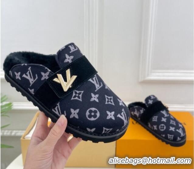 Good Quality Louis Vuitton LV Cosy Flat Comfort Clog Mules in Monogram Wool and Shearling Dark Blue 1224047