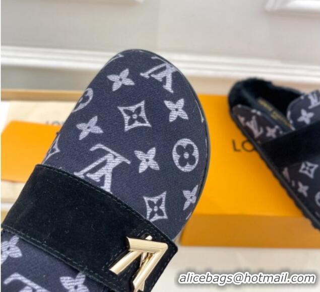 Good Quality Louis Vuitton LV Cosy Flat Comfort Clog Mules in Monogram Wool and Shearling Dark Blue 1224047