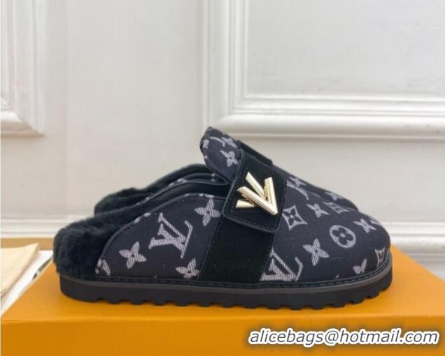 Good Quality Louis Vuitton LV Cosy Flat Comfort Clog Mules in Monogram Wool and Shearling Dark Blue 1224047