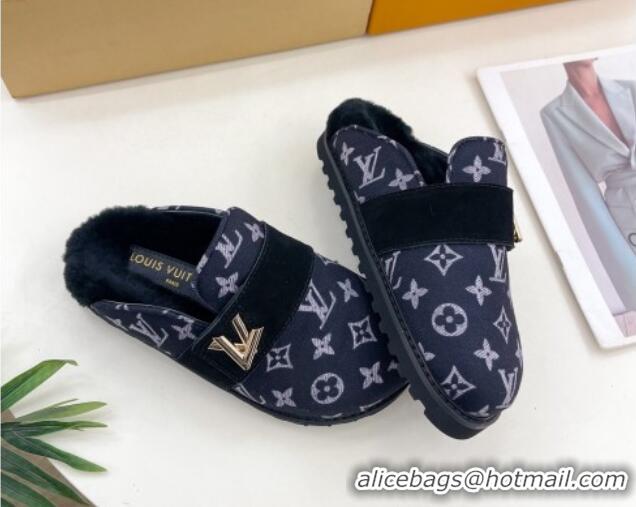 Good Quality Louis Vuitton LV Cosy Flat Comfort Clog Mules in Monogram Wool and Shearling Dark Blue 1224047