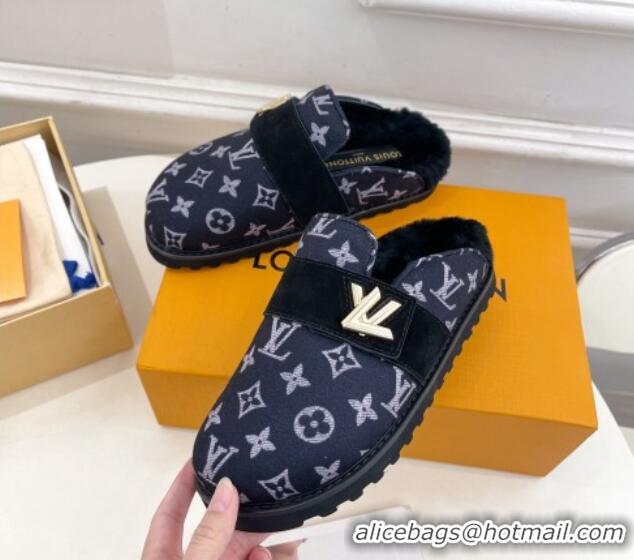 Good Quality Louis Vuitton LV Cosy Flat Comfort Clog Mules in Monogram Wool and Shearling Dark Blue 1224047