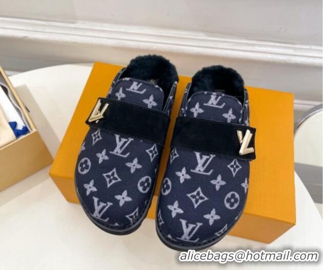 Good Quality Louis Vuitton LV Cosy Flat Comfort Clog Mules in Monogram Wool and Shearling Dark Blue 1224047