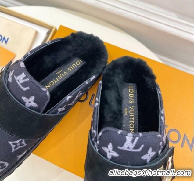 Good Quality Louis Vuitton LV Cosy Flat Comfort Clog Mules in Monogram Wool and Shearling Dark Blue 1224047