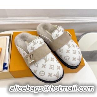 Low Price Louis Vuitton LV Cosy Flat Comfort Clog Mules in Monogram Wool and Shearling White 1224048