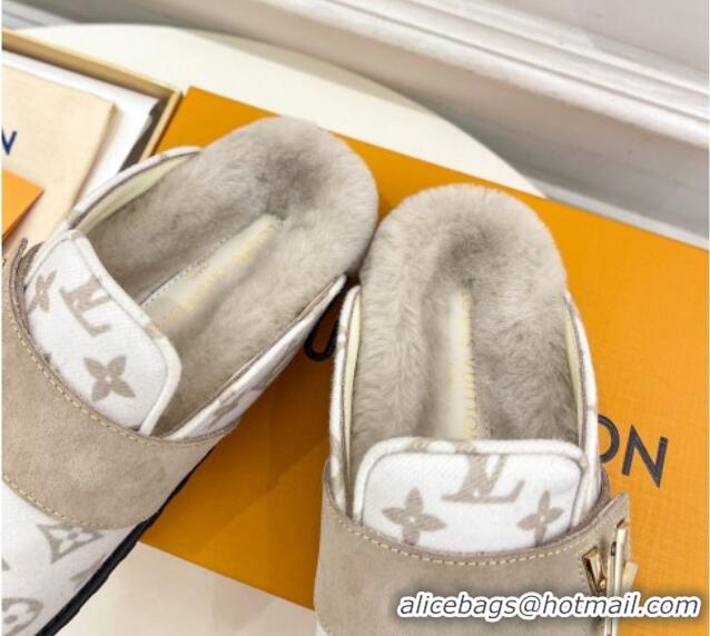 Low Price Louis Vuitton LV Cosy Flat Comfort Clog Mules in Monogram Wool and Shearling White 1224048