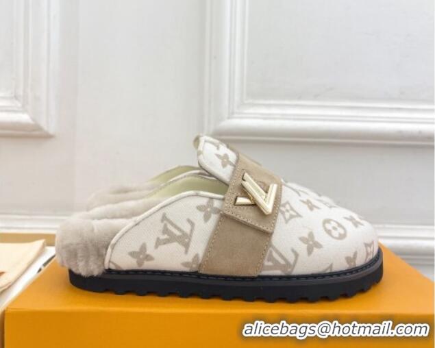 Low Price Louis Vuitton LV Cosy Flat Comfort Clog Mules in Monogram Wool and Shearling White 1224048