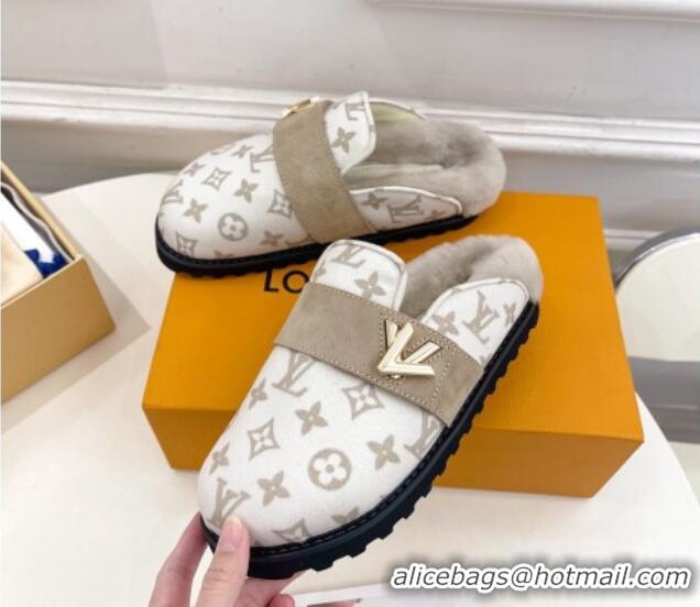 Low Price Louis Vuitton LV Cosy Flat Comfort Clog Mules in Monogram Wool and Shearling White 1224048