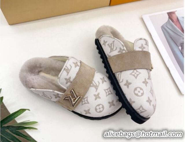 Low Price Louis Vuitton LV Cosy Flat Comfort Clog Mules in Monogram Wool and Shearling White 1224048