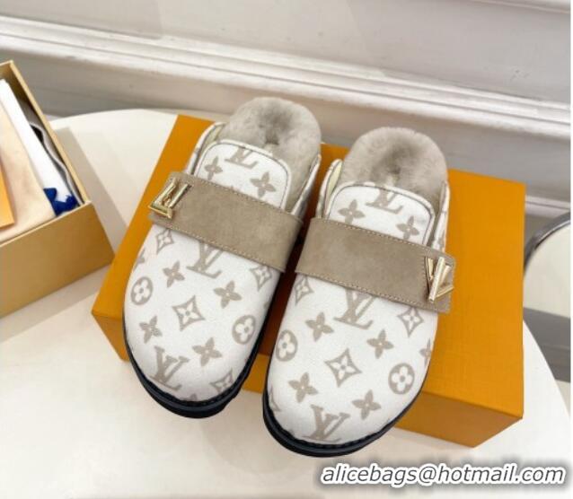 Low Price Louis Vuitton LV Cosy Flat Comfort Clog Mules in Monogram Wool and Shearling White 1224048