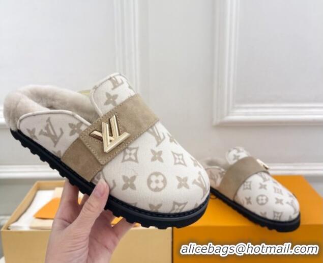 Low Price Louis Vuitton LV Cosy Flat Comfort Clog Mules in Monogram Wool and Shearling White 1224048