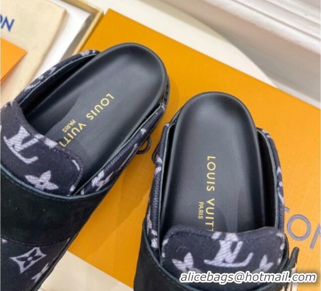 Classic Hot Louis Vuitton LV Cosy Flat Comfort Clog Mules in Monogram Wool and Suede Dark Blue 1224049