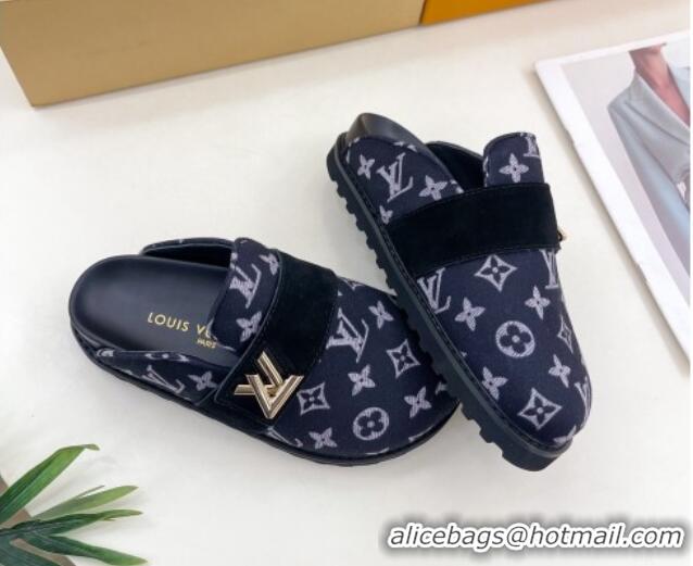 Classic Hot Louis Vuitton LV Cosy Flat Comfort Clog Mules in Monogram Wool and Suede Dark Blue 1224049