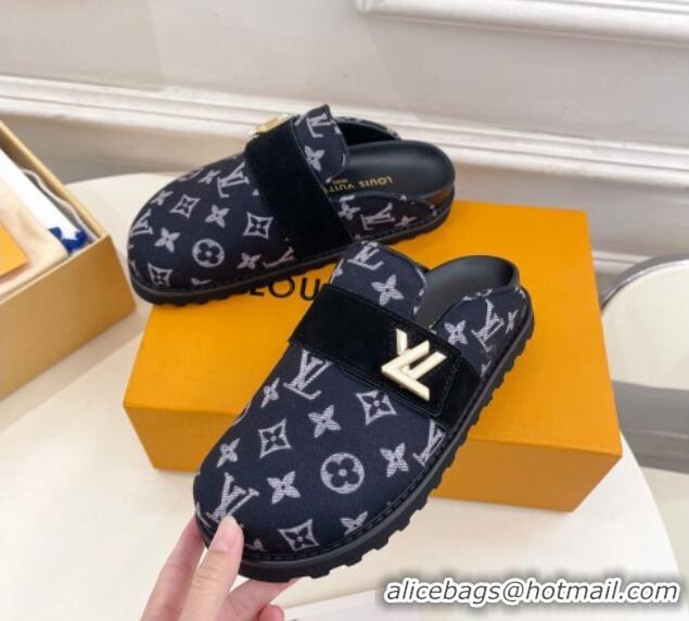 Classic Hot Louis Vuitton LV Cosy Flat Comfort Clog Mules in Monogram Wool and Suede Dark Blue 1224049