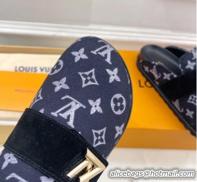 Classic Hot Louis Vuitton LV Cosy Flat Comfort Clog Mules in Monogram Wool and Suede Dark Blue 1224049