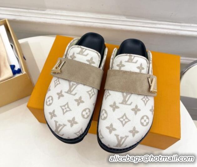 Perfect Louis Vuitton LV Cosy Flat Comfort Clog Mules in Monogram Wool and Suede White 1224050