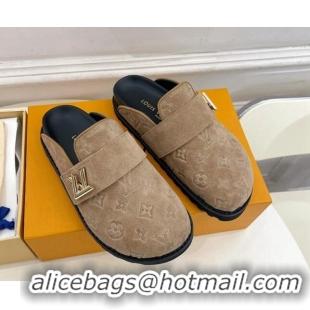 Hot Style Louis Vuitton LV Cosy Flat Comfort Clog Mules in Monogram Suede 2 Dark Beige 1224051