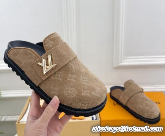 Hot Style Louis Vuitton LV Cosy Flat Comfort Clog Mules in Monogram Suede 2 Dark Beige 1224051