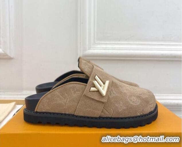 Hot Style Louis Vuitton LV Cosy Flat Comfort Clog Mules in Monogram Suede 2 Dark Beige 1224051