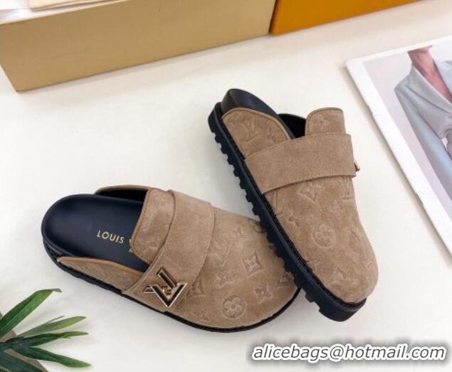 Hot Style Louis Vuitton LV Cosy Flat Comfort Clog Mules in Monogram Suede 2 Dark Beige 1224051