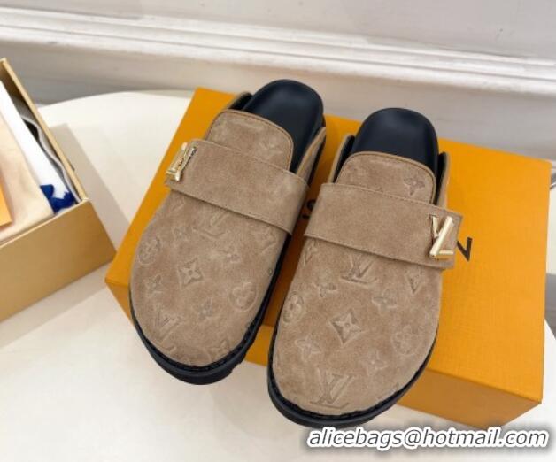 Hot Style Louis Vuitton LV Cosy Flat Comfort Clog Mules in Monogram Suede 2 Dark Beige 1224051