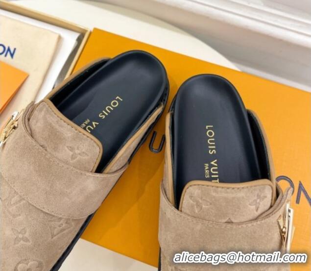 Hot Style Louis Vuitton LV Cosy Flat Comfort Clog Mules in Monogram Suede 2 Dark Beige 1224051