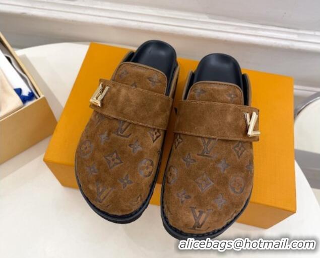 Stylish Louis Vuitton LV Cosy Flat Comfort Clog Mules in Monogram Suede 2 Brown 1224052