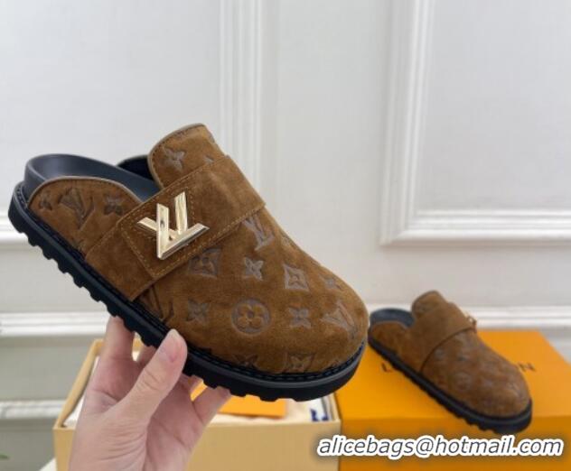 Stylish Louis Vuitton LV Cosy Flat Comfort Clog Mules in Monogram Suede 2 Brown 1224052