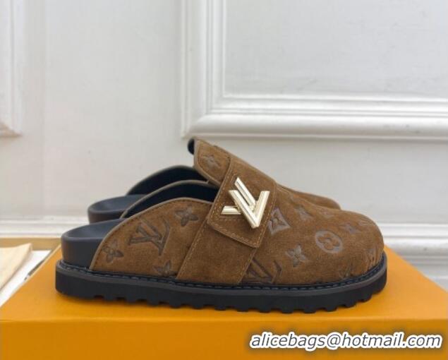 Stylish Louis Vuitton LV Cosy Flat Comfort Clog Mules in Monogram Suede 2 Brown 1224052