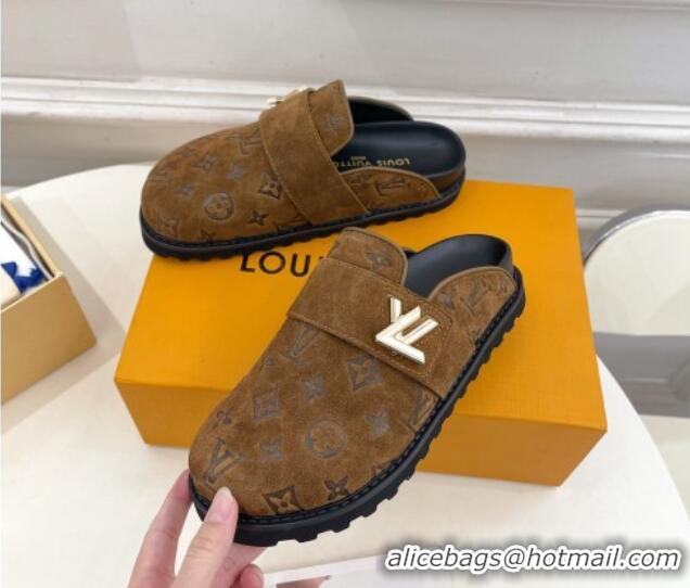 Stylish Louis Vuitton LV Cosy Flat Comfort Clog Mules in Monogram Suede 2 Brown 1224052