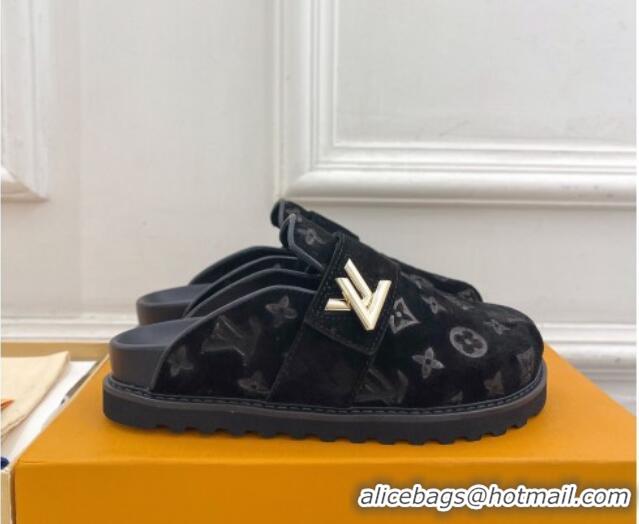 Sumptuous Louis Vuitton LV Cosy Flat Comfort Clog Mules in Monogram Suede 2 Black 1224053