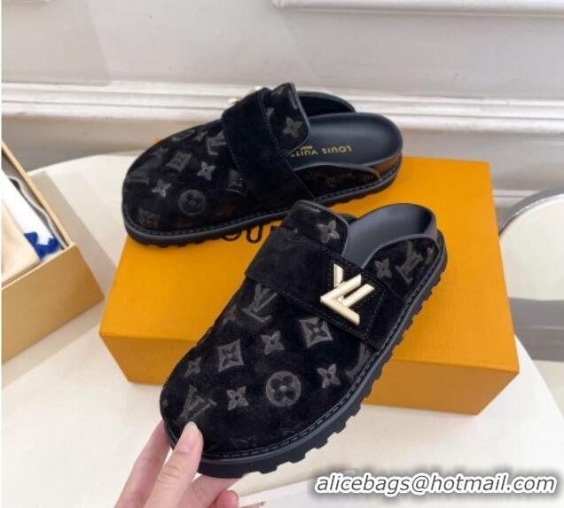 Sumptuous Louis Vuitton LV Cosy Flat Comfort Clog Mules in Monogram Suede 2 Black 1224053