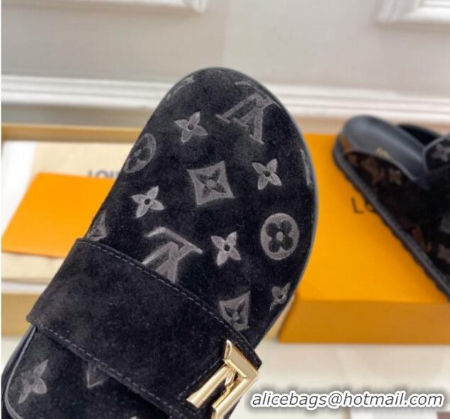 Sumptuous Louis Vuitton LV Cosy Flat Comfort Clog Mules in Monogram Suede 2 Black 1224053