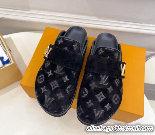 Sumptuous Louis Vuitton LV Cosy Flat Comfort Clog Mules in Monogram Suede 2 Black 1224053