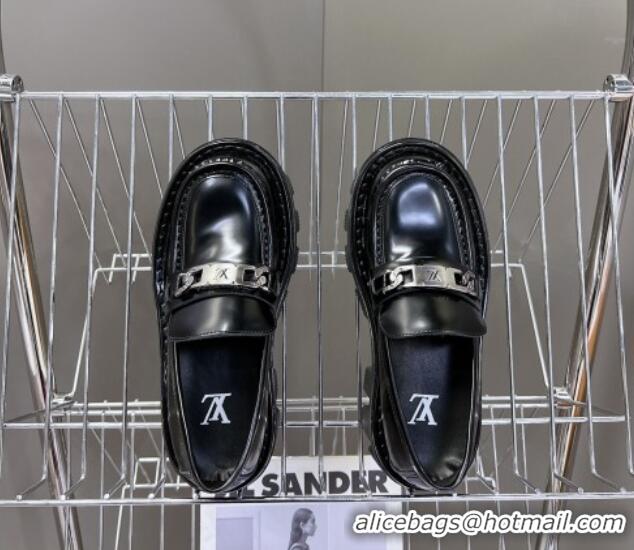 Good Product Louis Vuitton Shiny Leather Platform Loafers with LV Chain Black 1224054