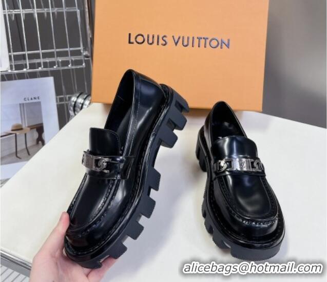 Good Product Louis Vuitton Shiny Leather Platform Loafers with LV Chain Black 1224054