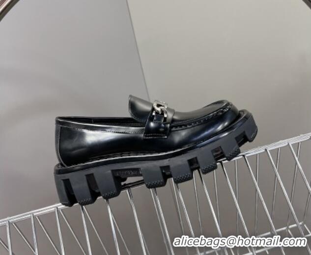 Good Product Louis Vuitton Shiny Leather Platform Loafers with LV Chain Black 1224054