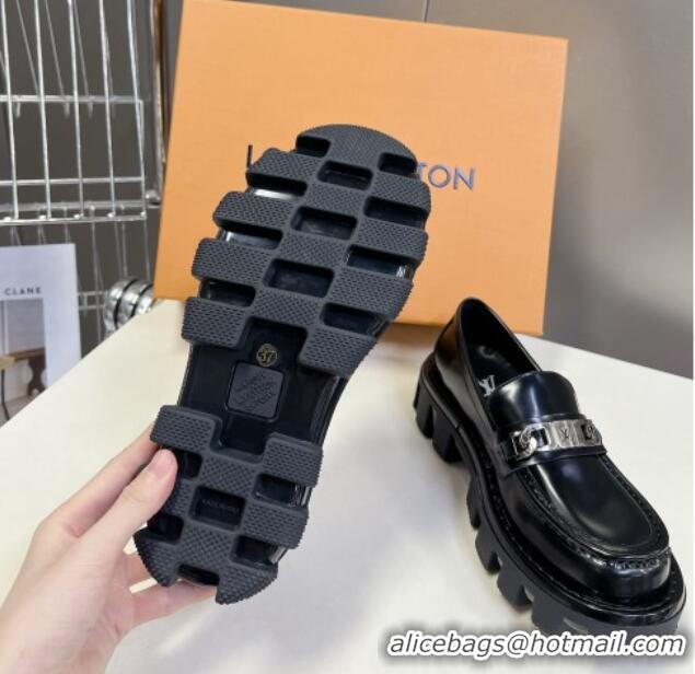 Good Product Louis Vuitton Shiny Leather Platform Loafers with LV Chain Black 1224054