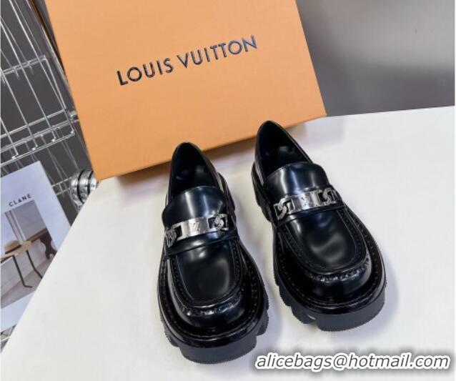 Good Product Louis Vuitton Shiny Leather Platform Loafers with LV Chain Black 1224054