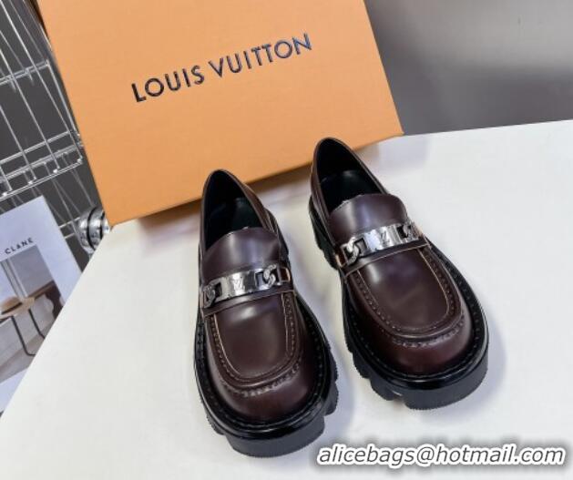 Sophisticated Louis Vuitton Shiny Leather Platform Loafers with LV Chain Dark Brown 1224055