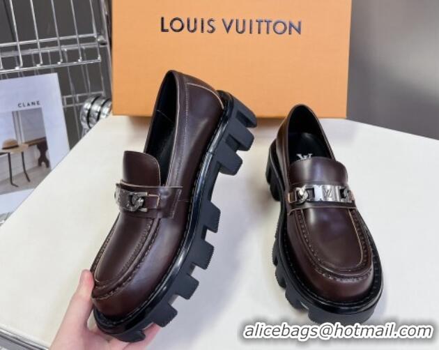 Sophisticated Louis Vuitton Shiny Leather Platform Loafers with LV Chain Dark Brown 1224055