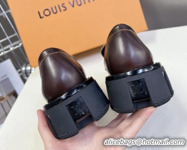 Sophisticated Louis Vuitton Shiny Leather Platform Loafers with LV Chain Dark Brown 1224055