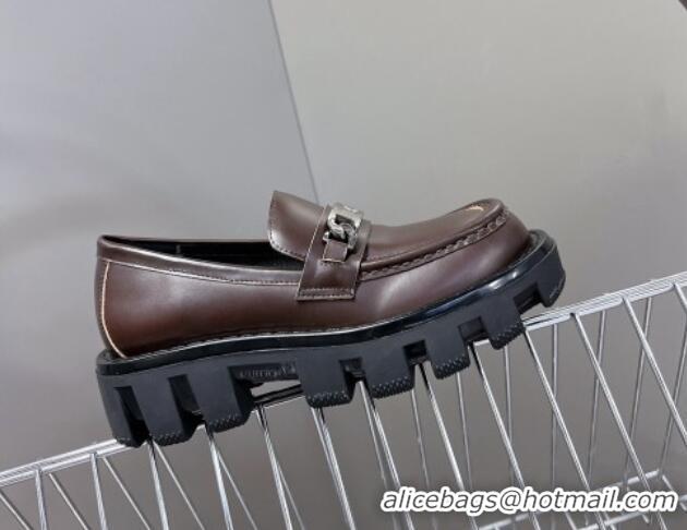 Sophisticated Louis Vuitton Shiny Leather Platform Loafers with LV Chain Dark Brown 1224055