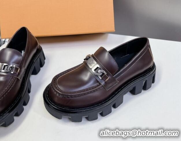 Sophisticated Louis Vuitton Shiny Leather Platform Loafers with LV Chain Dark Brown 1224055