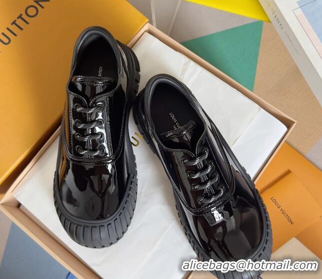 Buy Discount Louis Vuitton Ruby Flat Derby Lace-up Shoes in Black Patent Leather 1224057