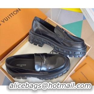 Grade Quality Louis Vuitton LV Record Platform Loafers in Glazed Leather Black 1224064