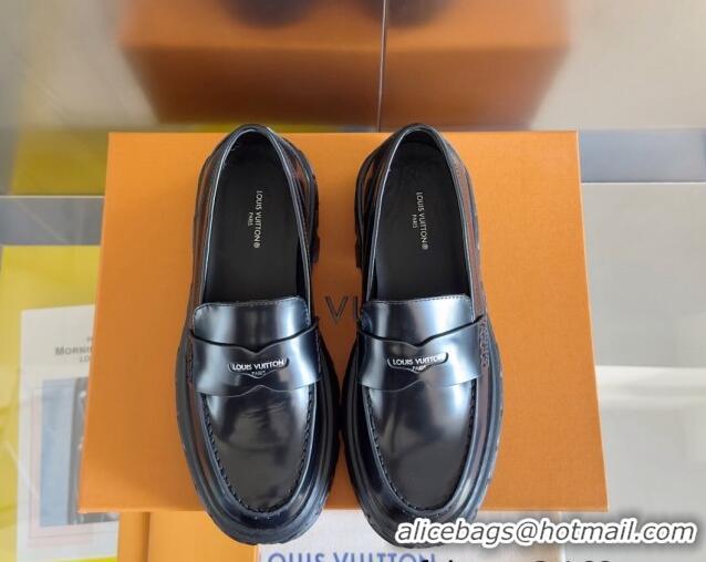 Grade Quality Louis Vuitton LV Record Platform Loafers in Glazed Leather Black 1224064