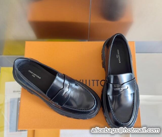 Grade Quality Louis Vuitton LV Record Platform Loafers in Glazed Leather Black 1224064