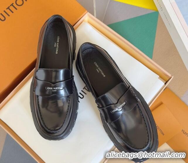 Grade Quality Louis Vuitton LV Record Platform Loafers in Glazed Leather Black 1224064